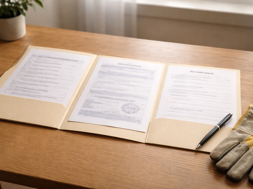 Contractor vetting folder on a table with checklist, insurance certificate, and reference form pages.