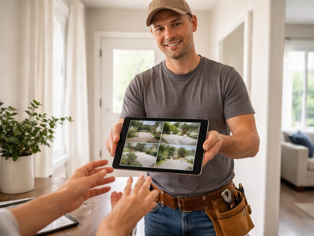 Contractor presents a tablet portfolio of completed patio projects to a homeowner at home.