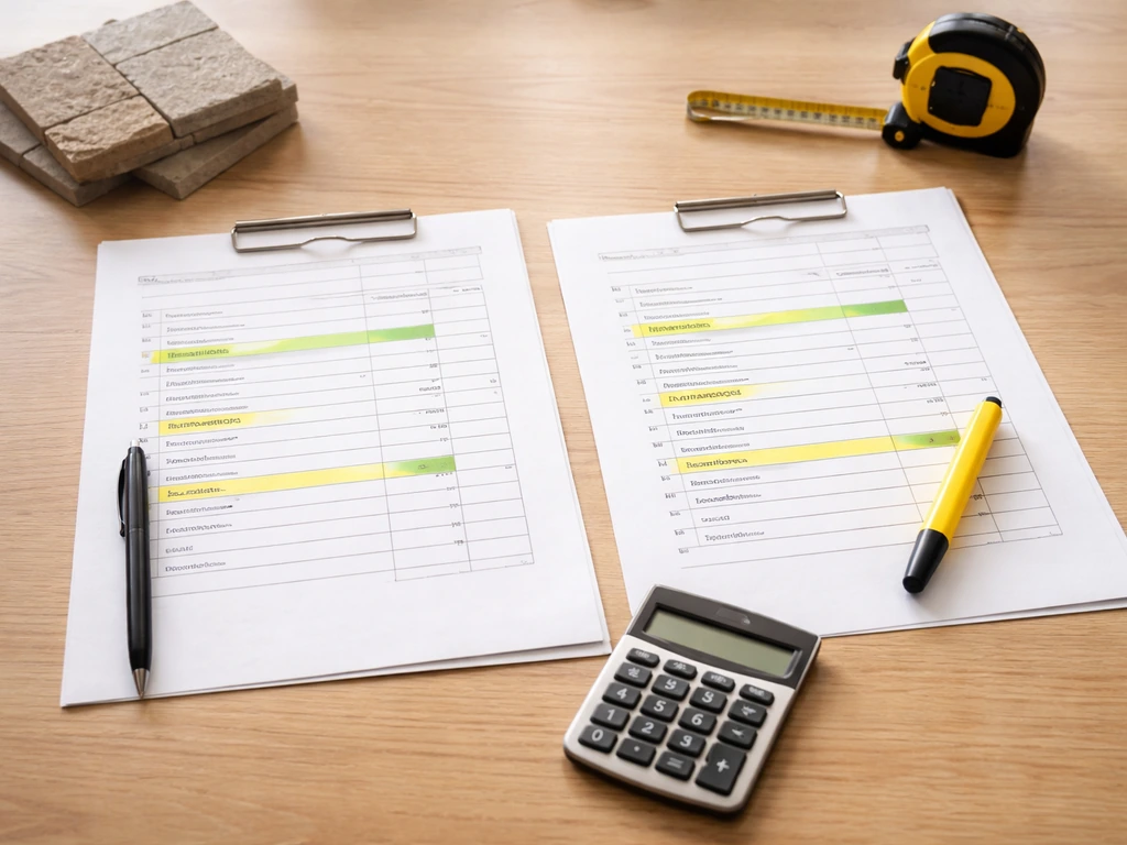 Two side-by-side patio bid sheets with highlighted line items and a calculator on a table
