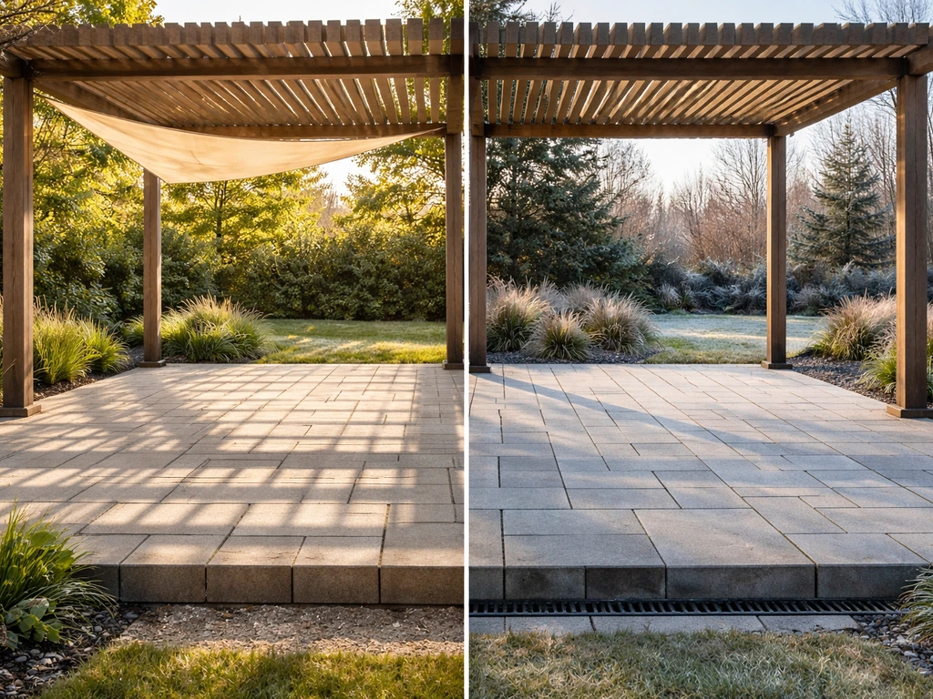 Split hot vs cold patio design: shade pergola on one side, drainage and thick base on the other.