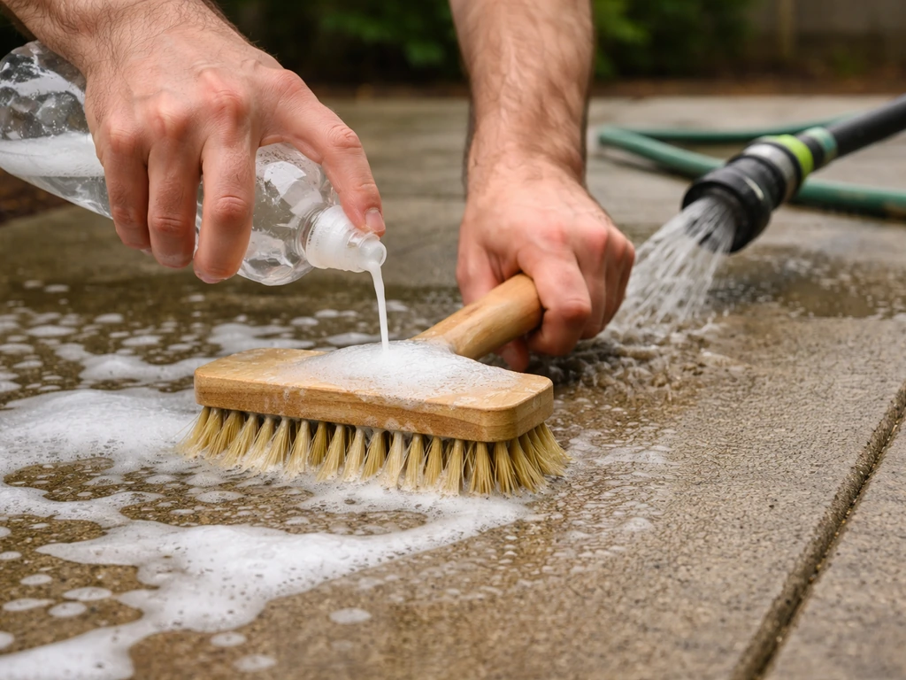 Hands scrubbing a patio with a deck brush and rinsing oxygen-based cleaner with a hose