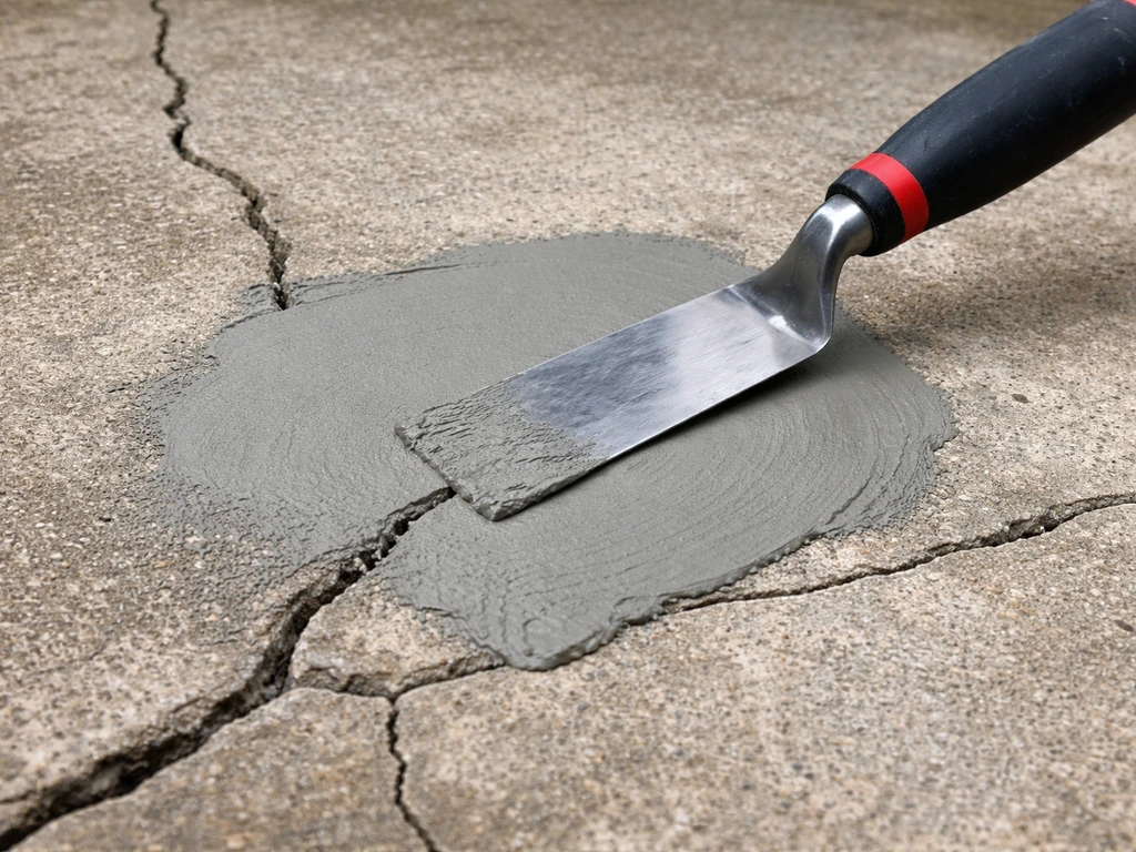 Margin trowel spreading concrete resurfacer over a thin patch on a cracked outdoor concrete slab