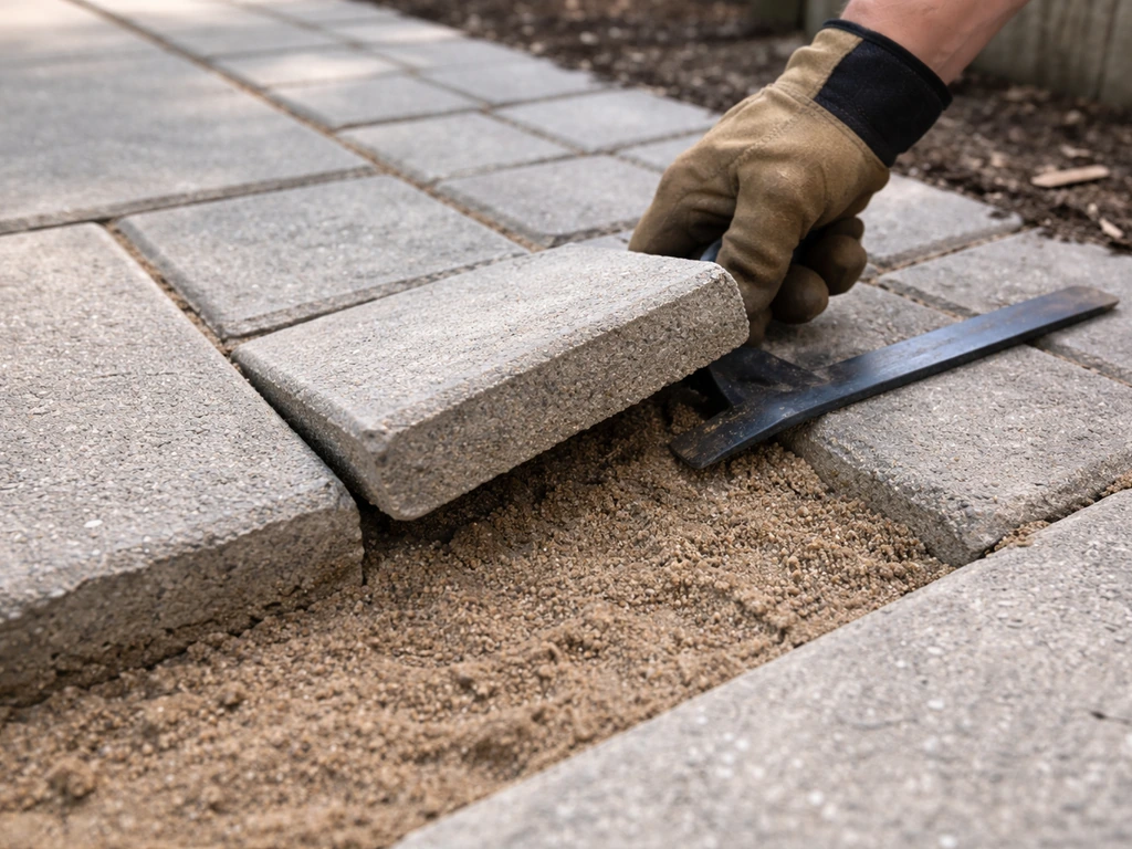 Person lifts a sunken paver with a flat bar, showing sand under it for leveling