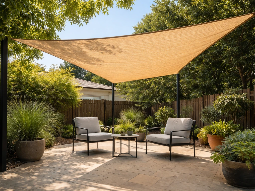 Shade sail stretched over a patio, outdoor seating comfortably shaded in bright summer light.