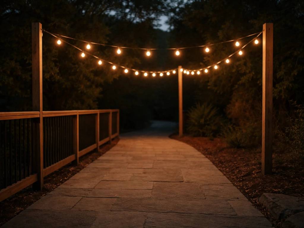 LED outdoor string lights draped between patio posts at dusk, creating a warm pathway ambiance.