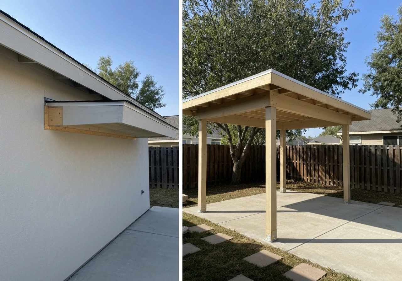 Side-by-side view of an attached roof connection versus a freestanding patio roof supported by posts.