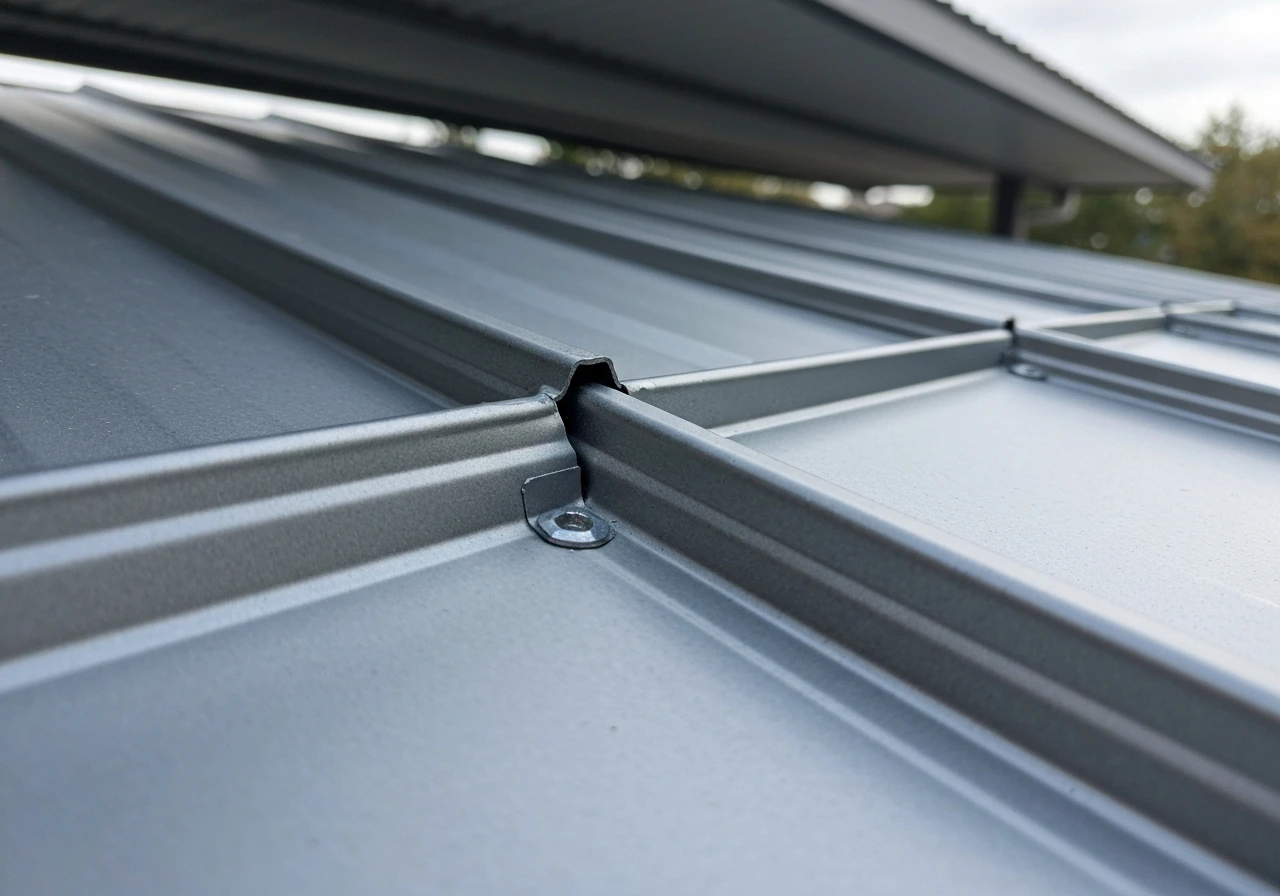 Close-up of standing seam metal patio roofing showing concealed fastener detail and seam lines.