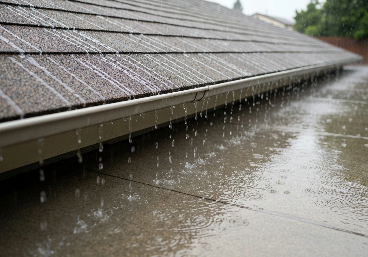 Rainwater runs off a sloped patio roof gutter and drip edge, preventing ponding.