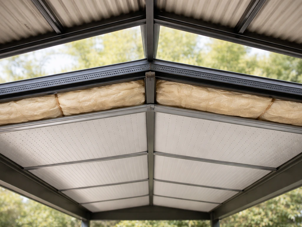 Insulated patio roof underside with a visible ridge vent gap for airflow and reduced noise.