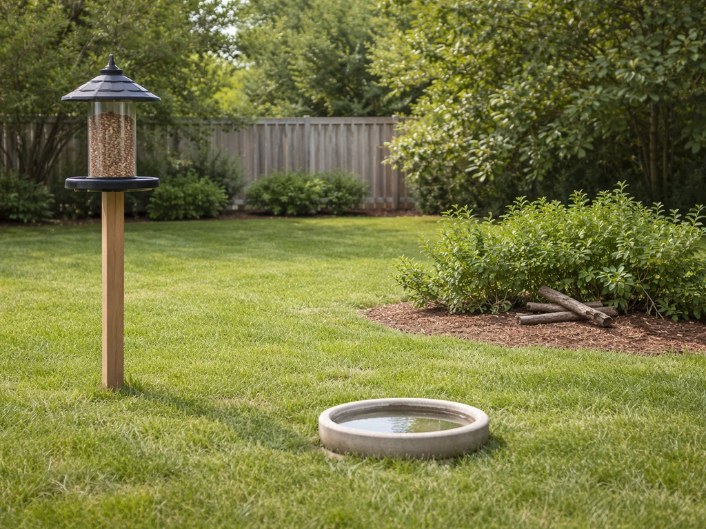 Minimal backyard scene showing a bird feeder, water dish, and nearby trees spaced for safety