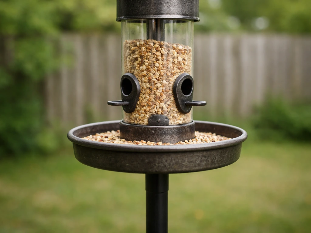 Eye-level pole-mounted bird feeder with seed tray below, set against a simple outdoor fence backdrop