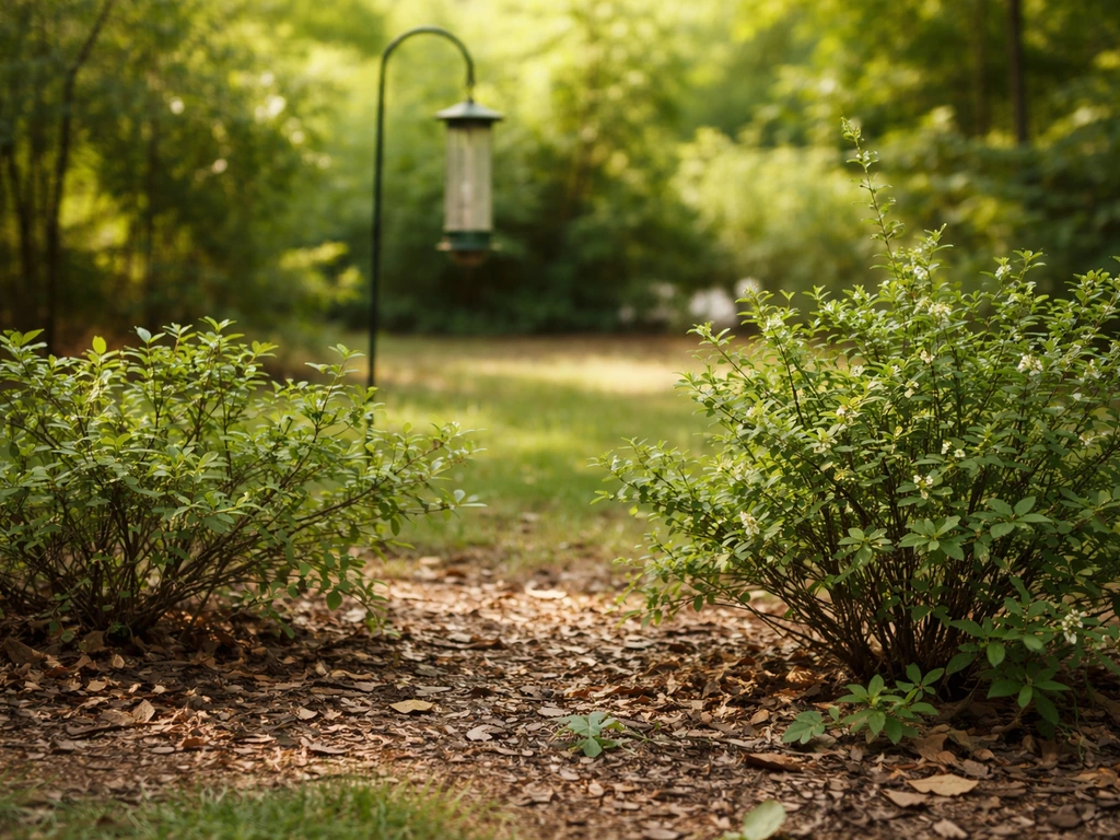 Native shrubs near a bird-feeding spot, offering perching and escape cover without birds in view.