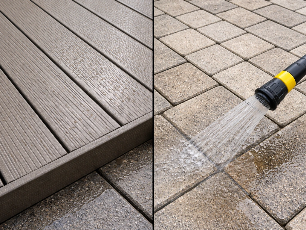 Close-up of a rinsable composite deck board beside a clean stone paver patio surface