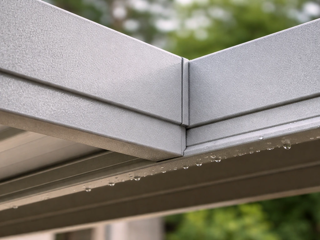 Close-up of a powder-coated aluminum patio cover corner with tight seams and drip edge diverting rain.