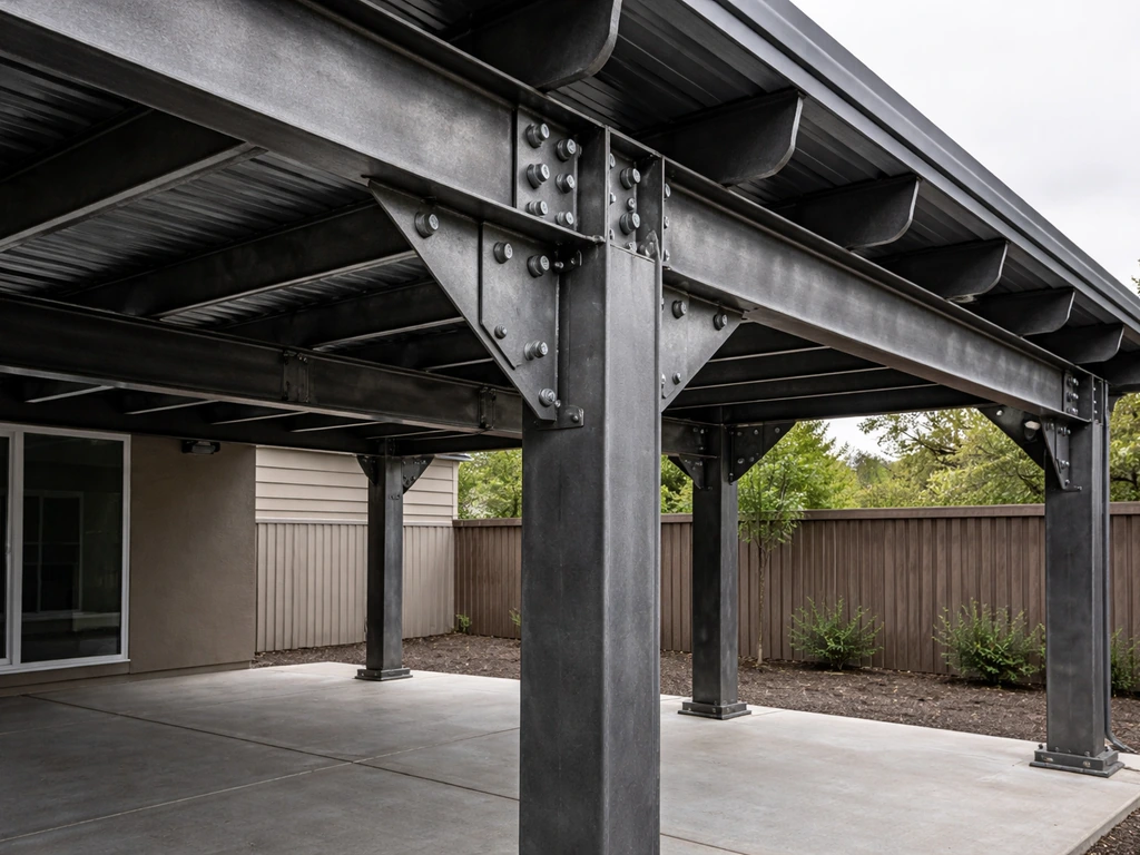 Close-up of heavy steel patio cover beams and welded/bolted connections in natural light.