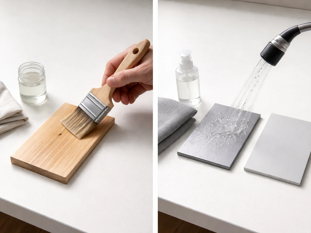 Workshop bench showing wood resealing with brush and sealant beside aluminum/vinyl cleaned with a nozzle.