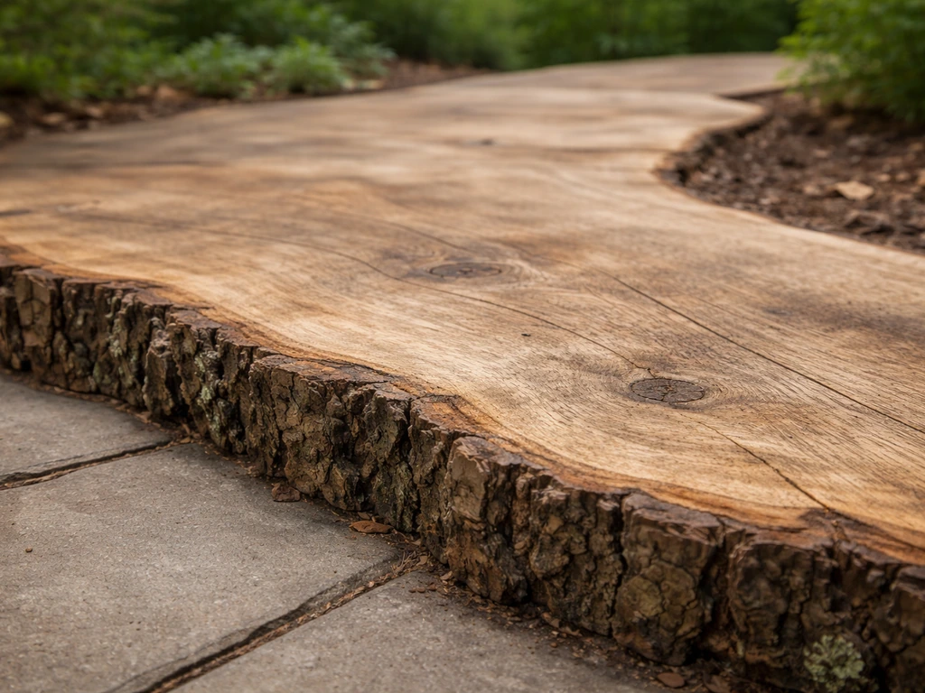 Close-up of a live-edge wood patio slab showing bark edge, curves, knots, and uneven grain.