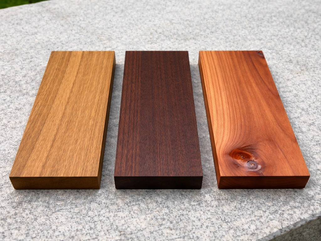Three outdoor wood samples (teak, ipe, cedar) side-by-side, with a subtle stabilized patch on one piece.