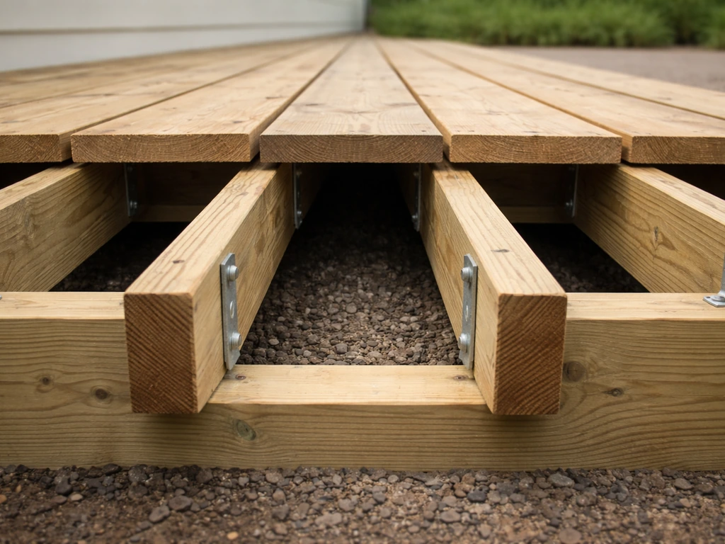Close-up of a framed patio deck section showing joists, spacer gaps, drainage clearance, and fasteners.