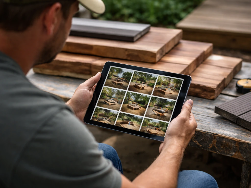 Contractor reviews live-edge wood patio photos on a tablet beside outdoor decking materials.