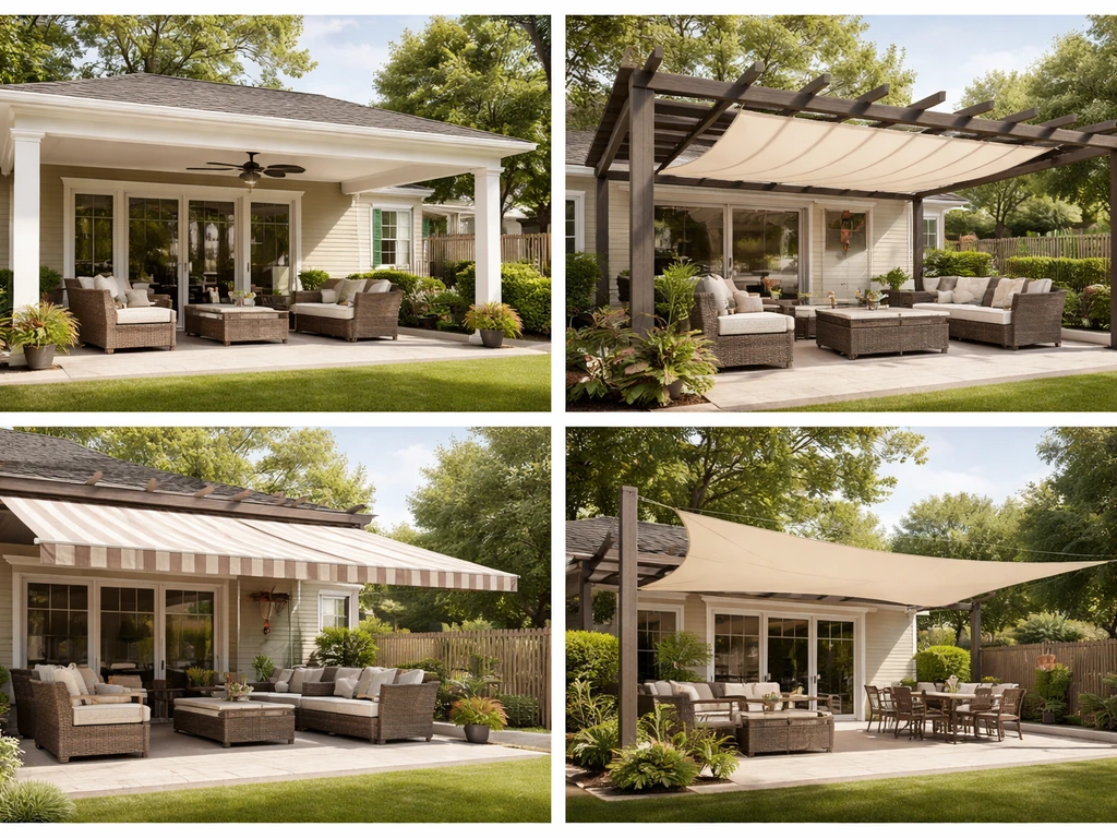 Four patio top cover styles side-by-side: solid roof, pergola canopy, retractable awning, and shade sail.