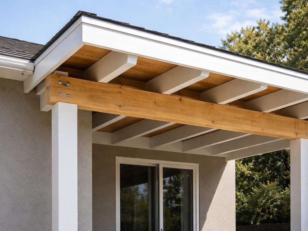 Attached solid patio cover showing ledger board attachment, beam, and outer support posts on a home
