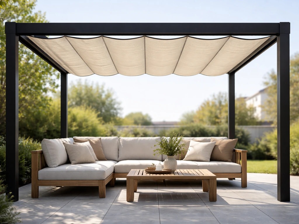 Pergola with retractable fabric canopy extended over outdoor seating, showing shade and open sky.