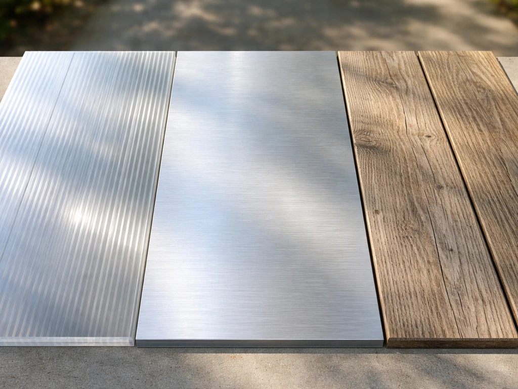 Side-by-side close-up textures of polycarbonate, aluminum, and wood patio roof materials in daylight.