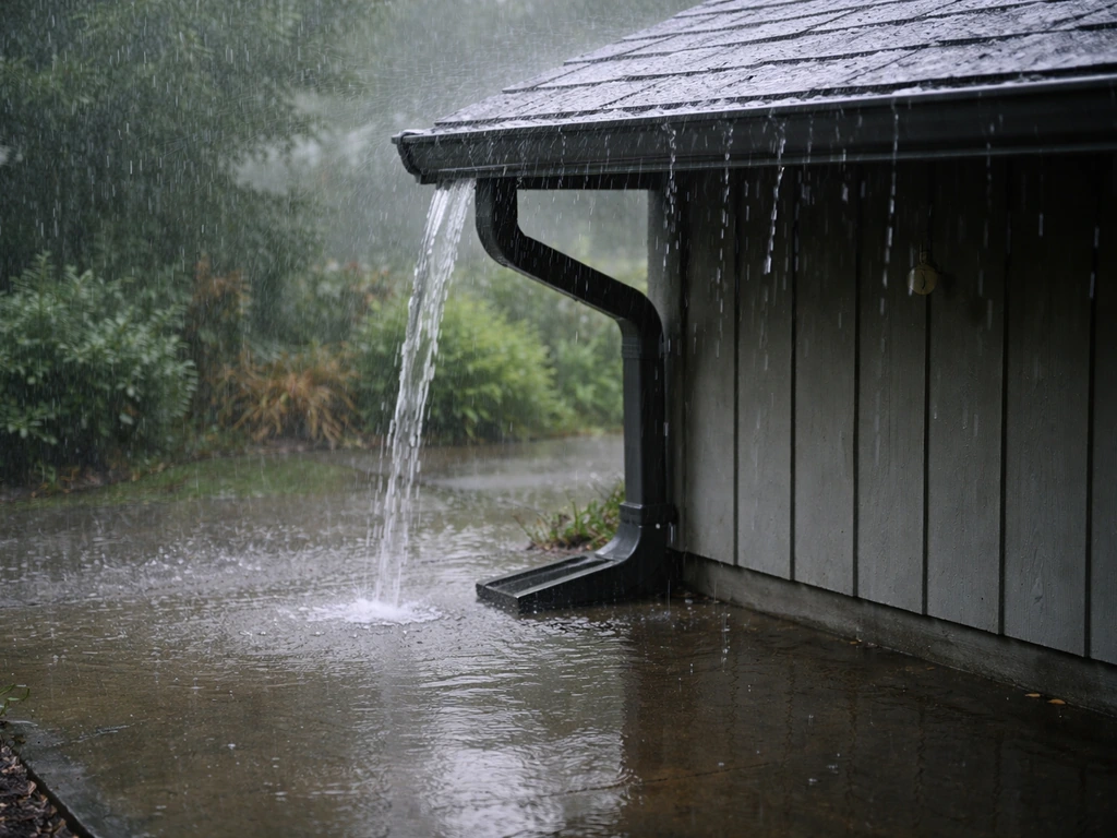 Patio drenched in heavy rain with a properly pitched roof and gutters directing runoff away.