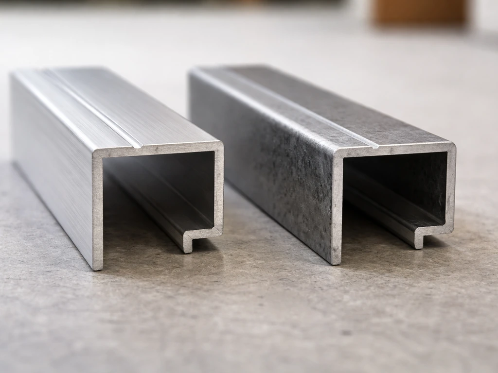 Close-up side-by-side aluminum and rigid-frame material samples with a durable powder-coated finish