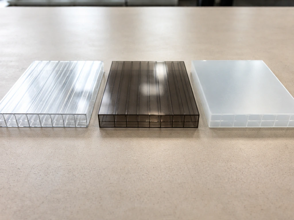Close-up of clear and tinted polycarbonate and another rigid sheet laid on a bench to compare light transmission.