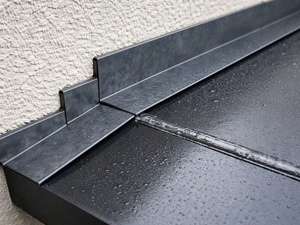Close-up of house-wall flashing where a rigid patio canopy meets the wall, with sealed panel seams.
