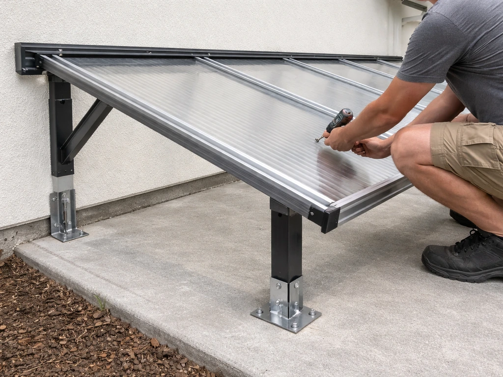Handyman working on an attached lean-to canopy on a concrete patio, showing anchors and panel alignment