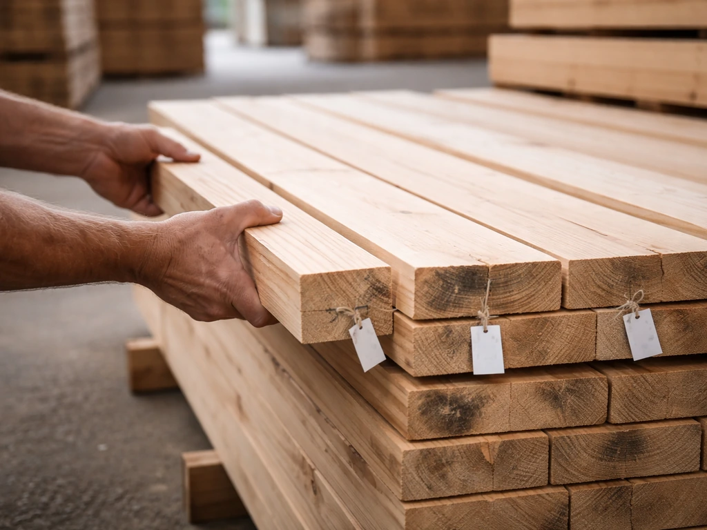 Anonymous hands picking lumber from a stack in a materials staging area with tags and grade marks.