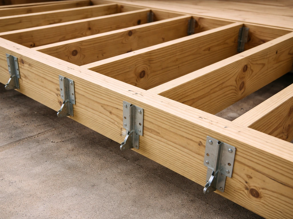Close-up of evenly spaced deck joists on a jobsite, showing span/spacing layout with simple framing details.