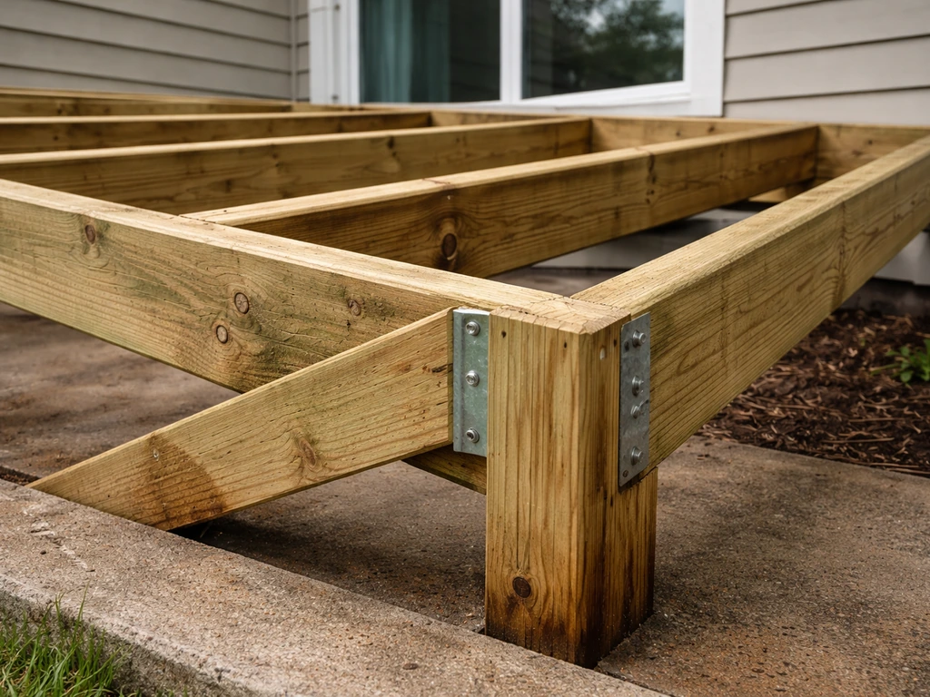 Pressure-treated lumber used in an outdoor patio cover frame under natural light.