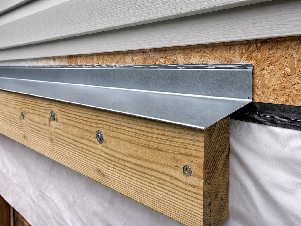 Close-up of metal flashing over a house ledger board with proper overlap and weep/drip direction