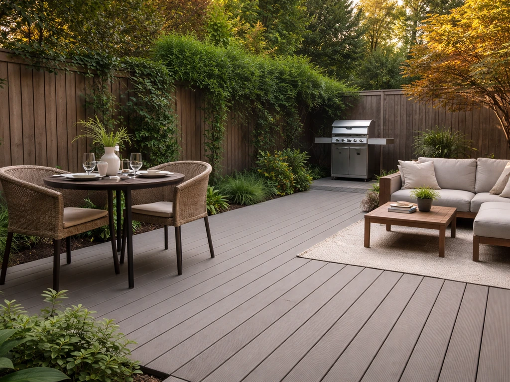 Minimal patio zoning example with three areas: dining, lounging, and a clear cooking-to-grill traffic path