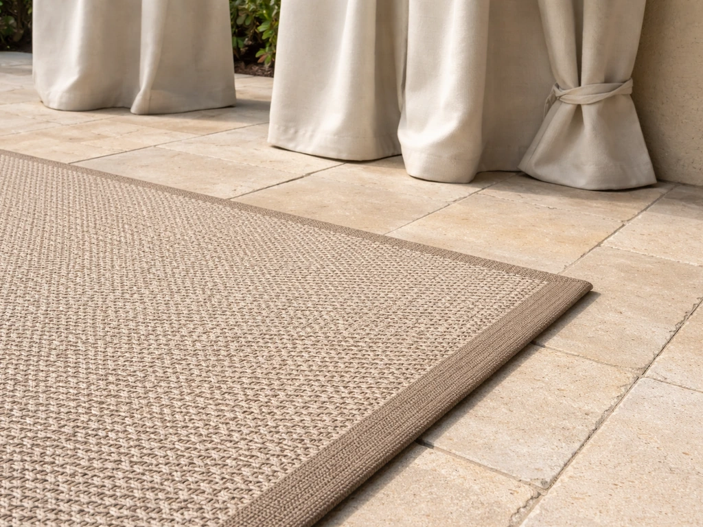 Weatherproof polypropylene outdoor rug with coordinated outdoor curtains and tiebacks on a stone patio.