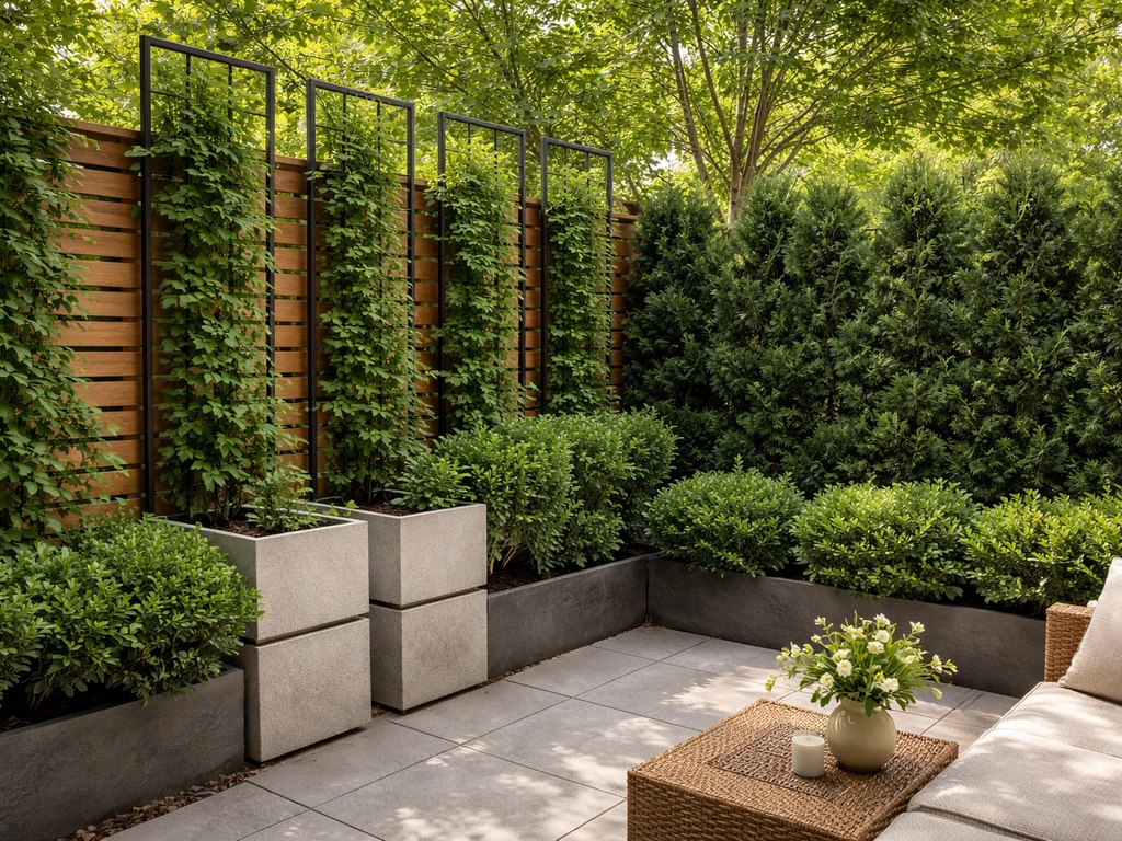 Patio privacy screening with tall planters, trellises, and dense evergreen shrubs along the edge.