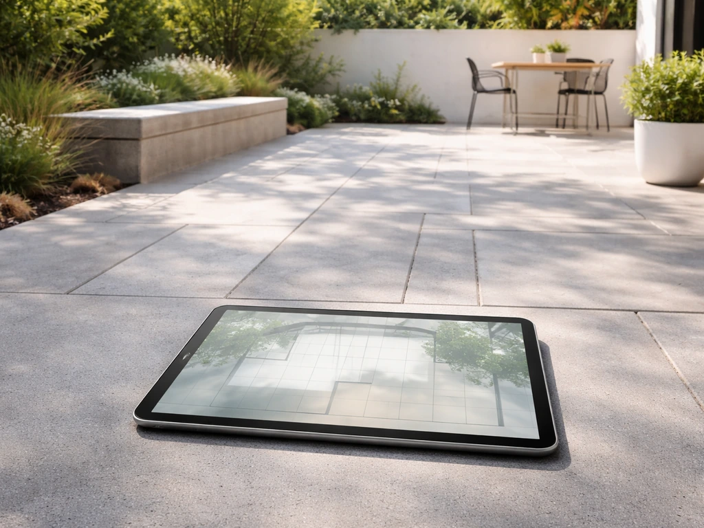 Sunlit backyard patio with a tablet showing a semi-transparent overhead layout plan view.