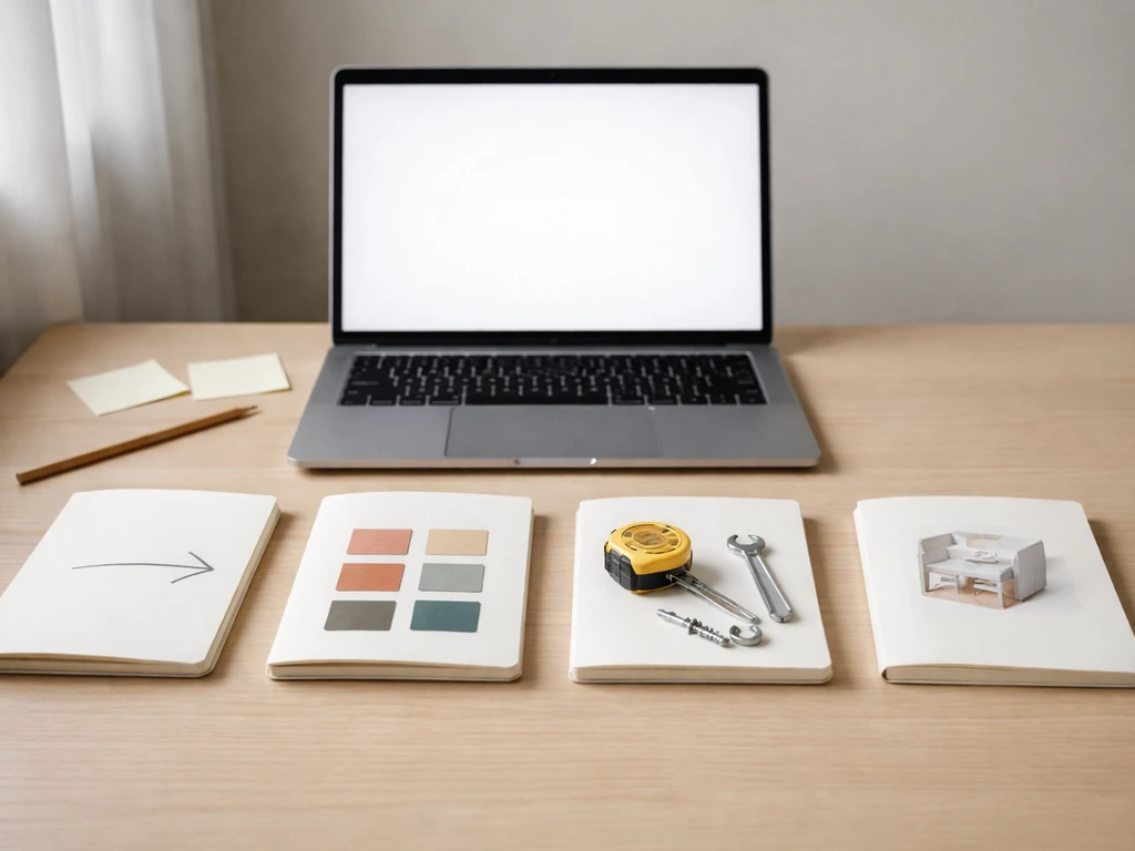 Minimal desk setup with four open notebooks and a decision pathway laid out with plain sticky notes