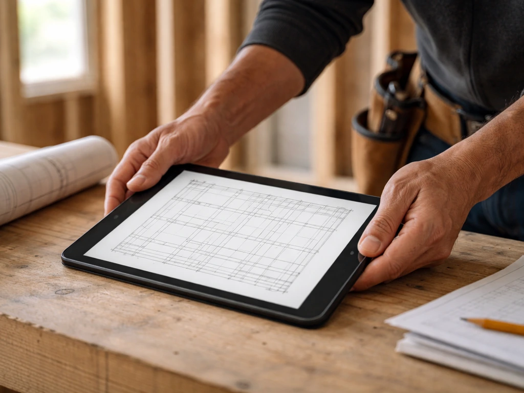 Close-up of contractor handing a tablet displaying a clean DXF-style linework plan in a wood-framed room