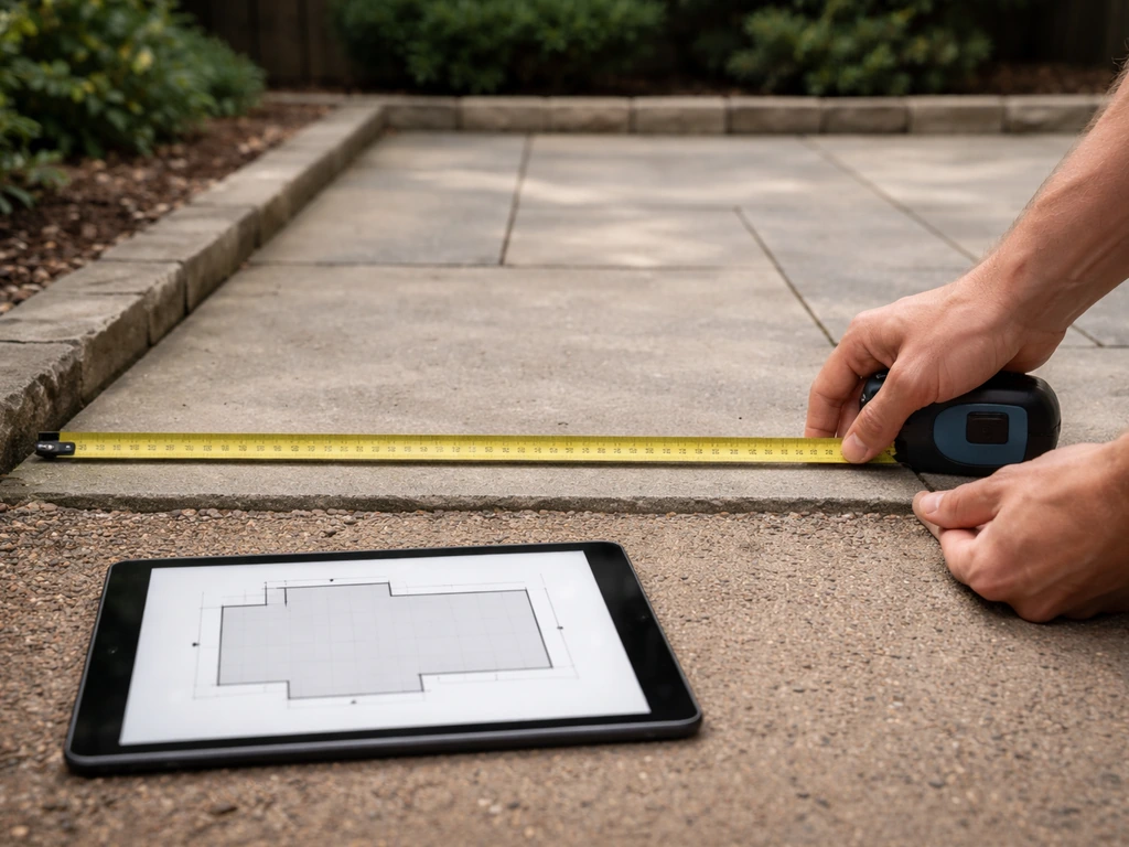 Hands measure a backyard edge with a tape while a tablet displays a matching 2D patio layout plan.