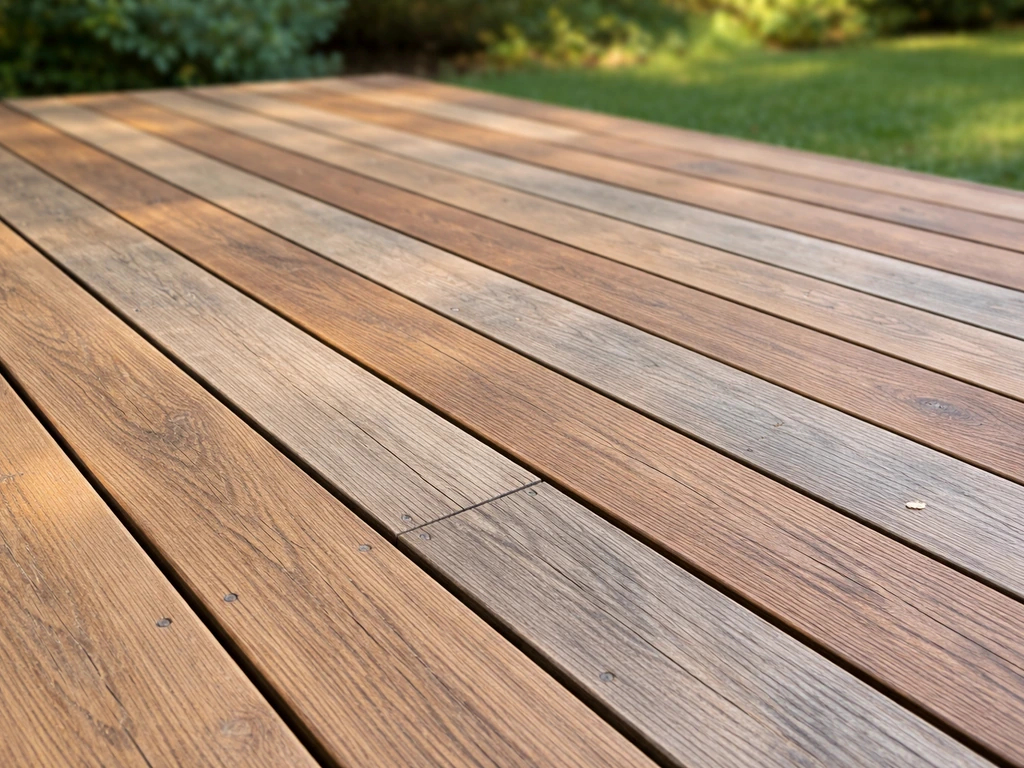 Close-up of an outdoor patio deck surface showing mixed wood decking board textures and colors.