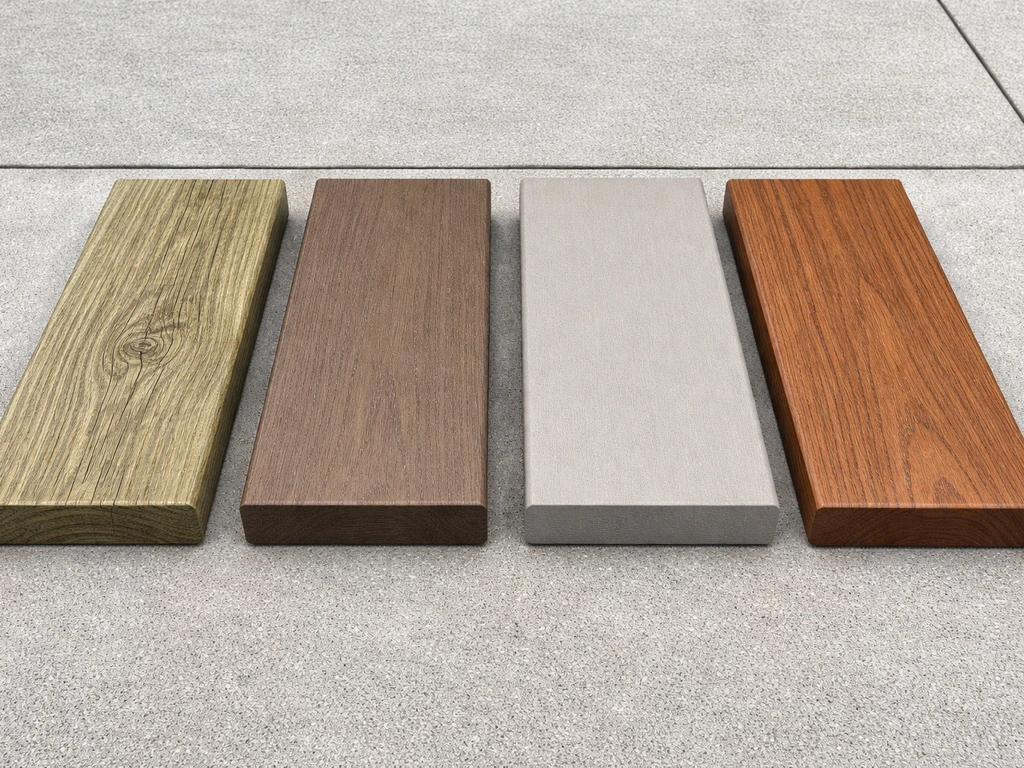 Close-up lineup of deck board samples showing pressure-treated wood, capped composite, capped PVC, and hardwood.