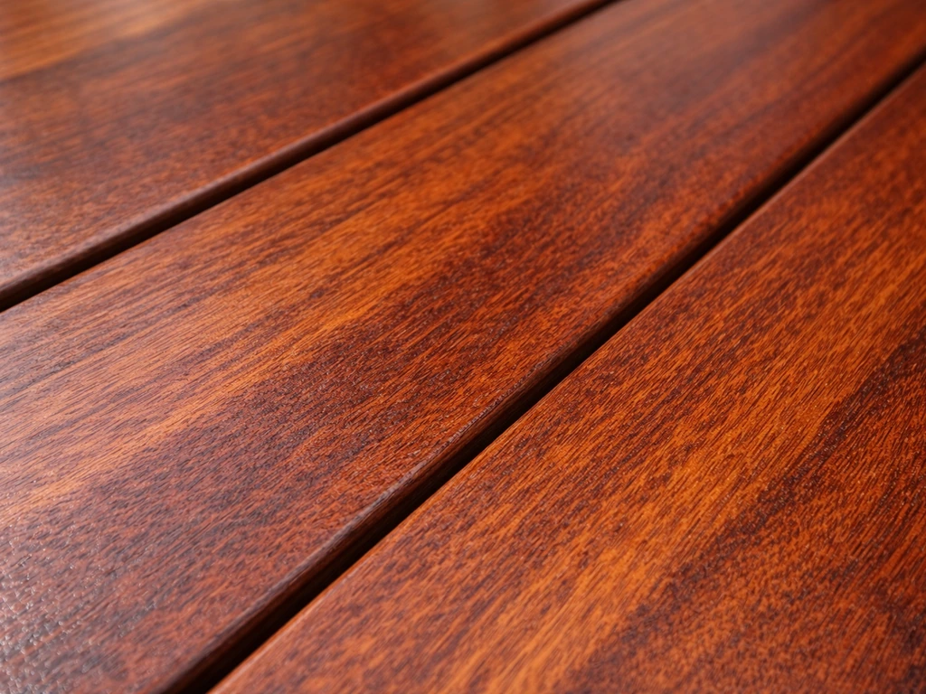 Close-up of natural hardwood decking with rich grain and a small section showing tight, textured finish.