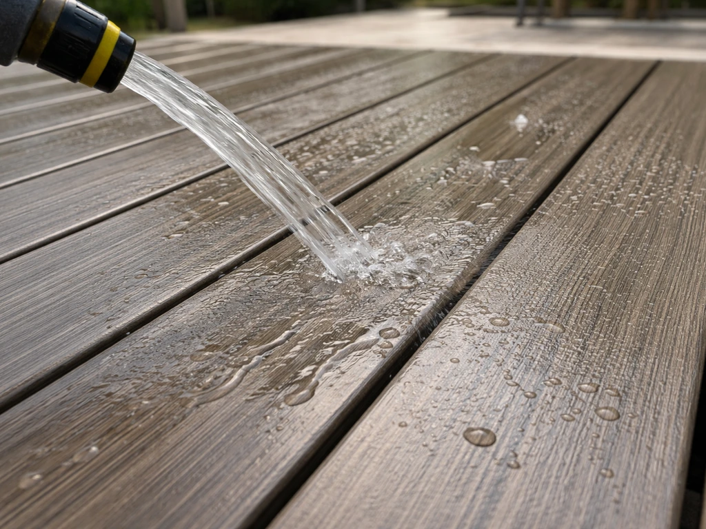Close-up of capped PVC decking getting rinsed by a hose, showing water beading on the polymer surface.