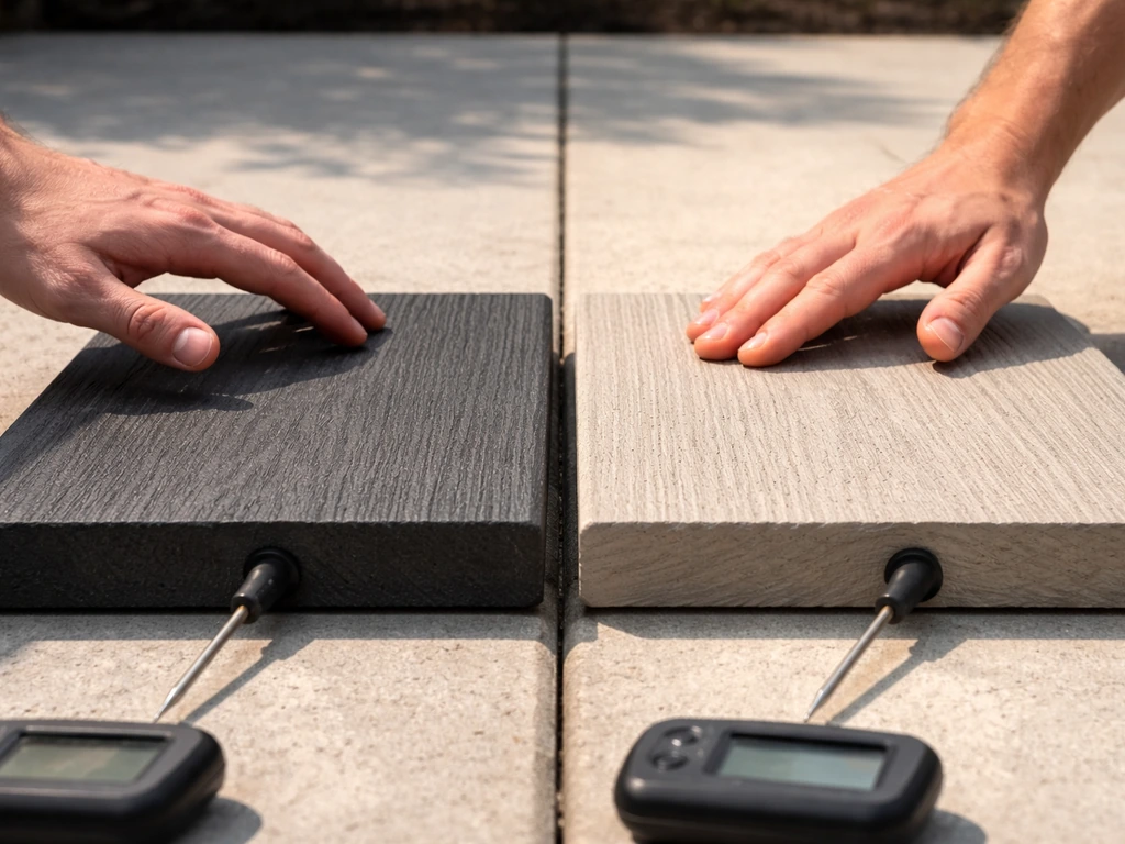 Hands testing two outdoor boards—dark gray in sun feels hotter than a lighter board.