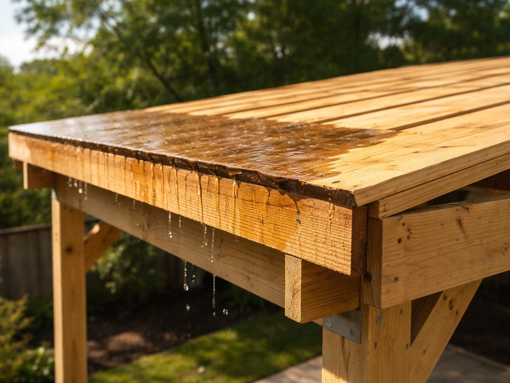 Wood patio cover framing and decking with sunlit dry boards and rain-darkened wet sections